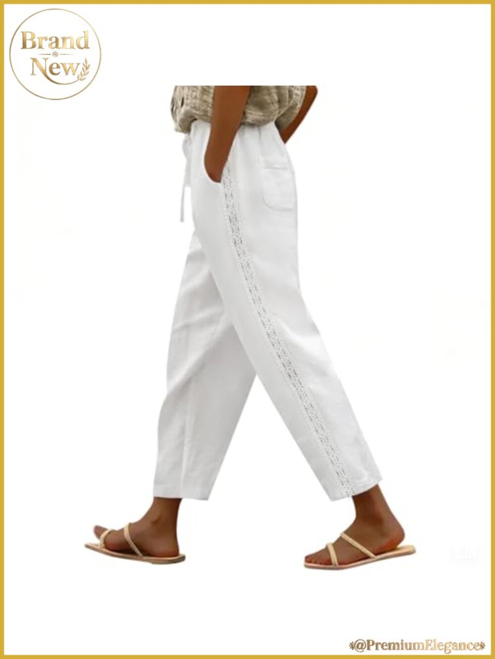 Linen Pants Women Summer Casual Cotton Capri Pants with Lace Side